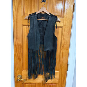 Vent Couvert Paris Black Leather Fringe Vest Boho Western Moto Size L